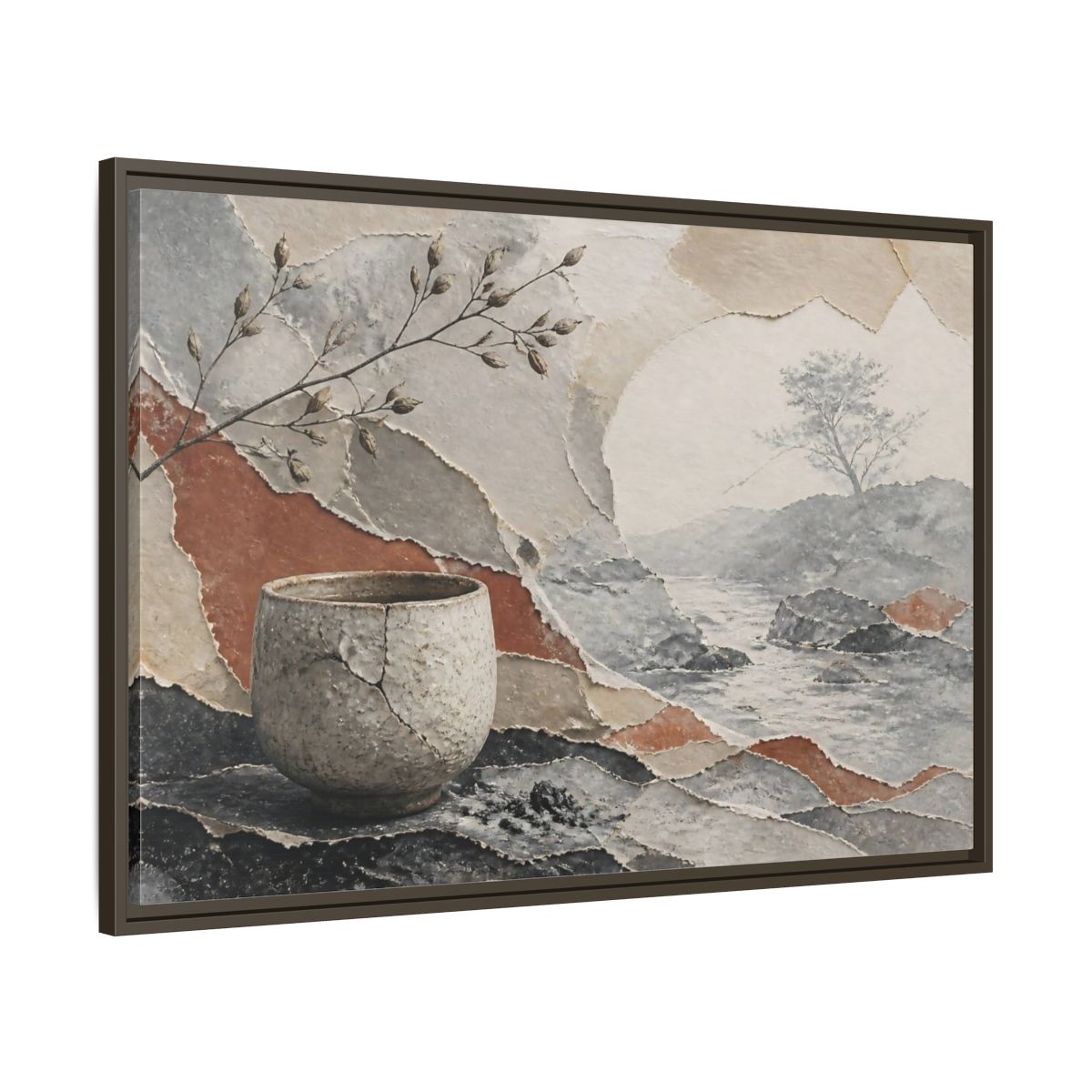 Main Mockup. Wabi Sabi Cracked Cup shown as framed canvas print
