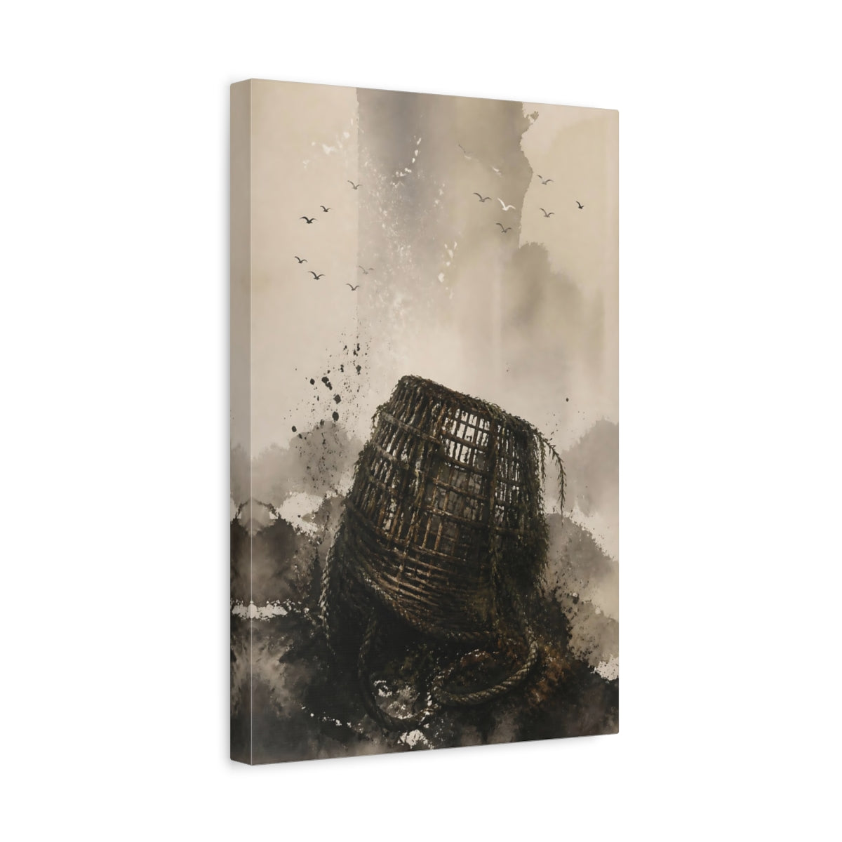 Side Mockup 4. Wabi Sabi Fishing Basket shown as canvas print