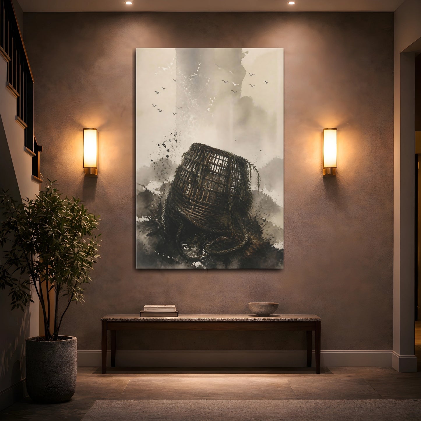 Mockup 2. Wabi Sabi Fishing Basket shown as canvas print