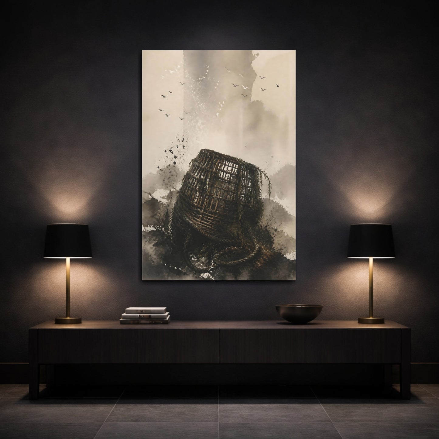 Mockup 3. Wabi Sabi Fishing Basket shown as canvas print