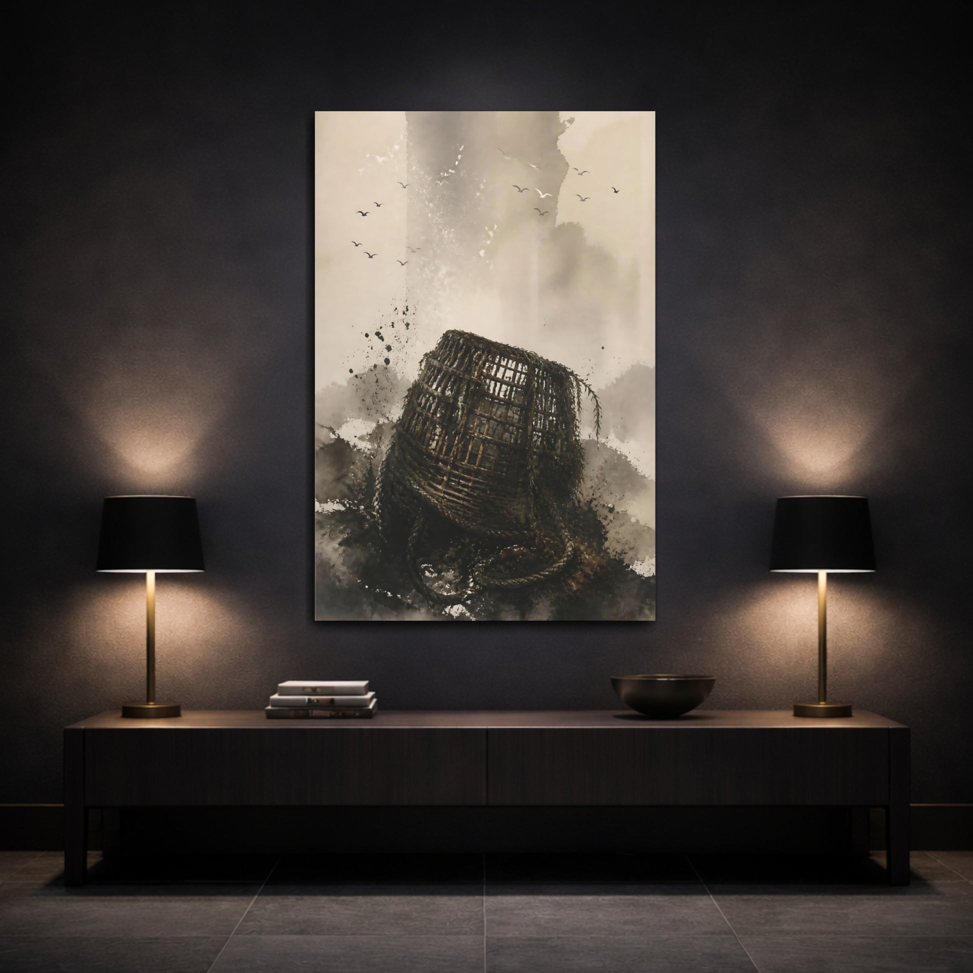 Mockup 3. Wabi Sabi Fishing Basket shown as canvas print