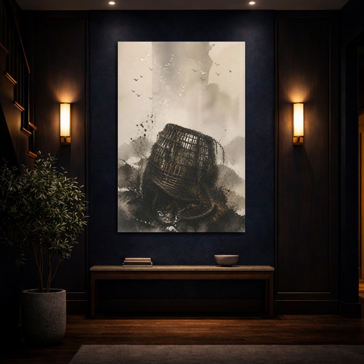 Mockup 4. Wabi Sabi Fishing Basket shown as canvas print