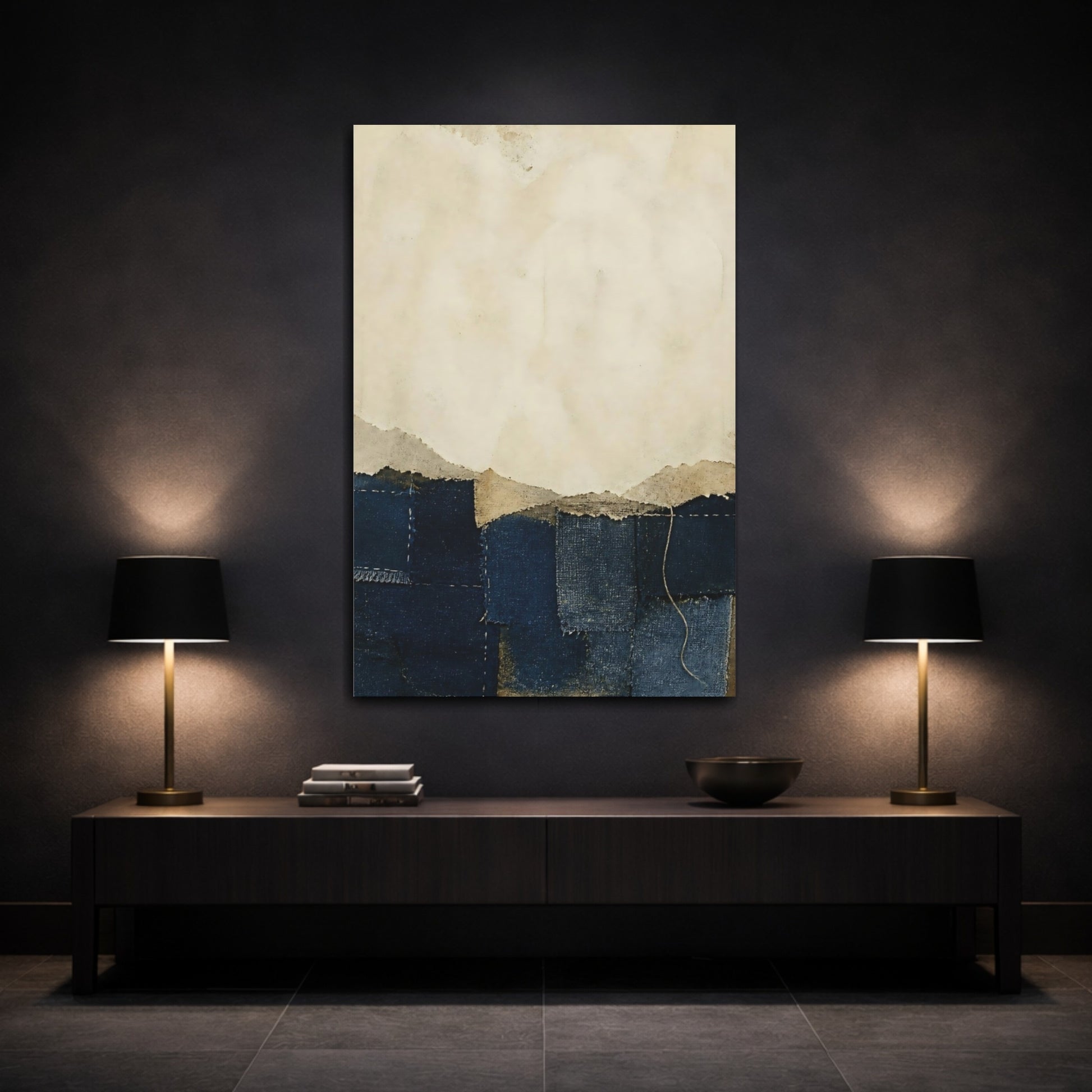 Mockup 3. Wabi Sabi Indigo Patchwork shown as canvas print