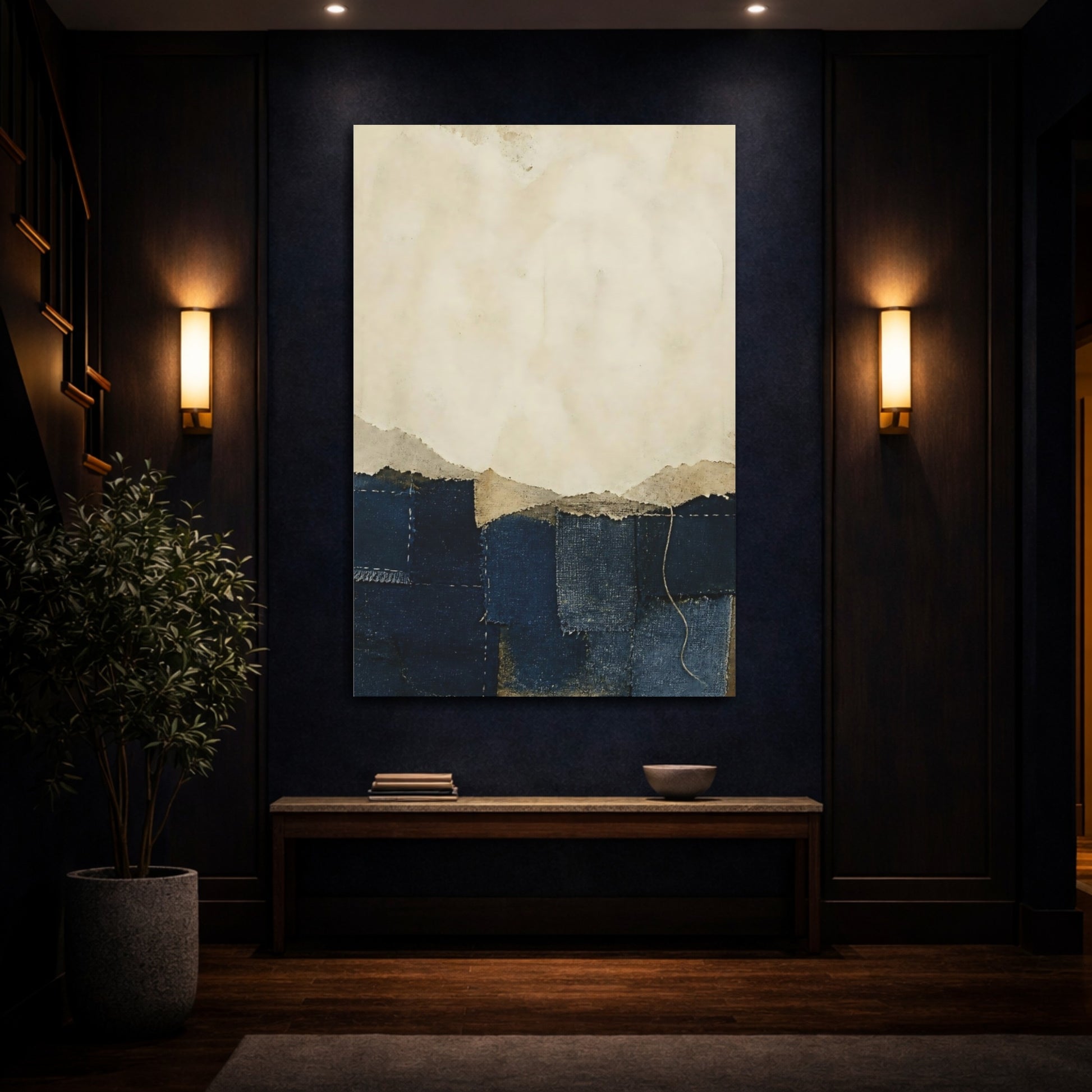 Mockup 4. Wabi Sabi Indigo Patchwork shown as canvas print