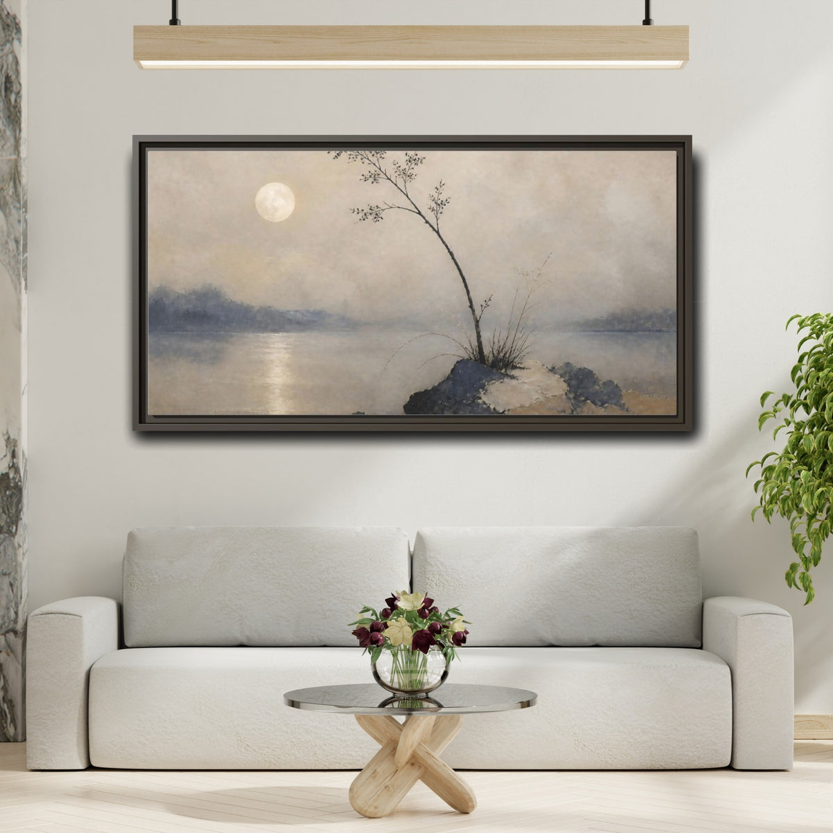 Mockup 2. Wabi Sabi Moonlit Branch shown as framed canvas print