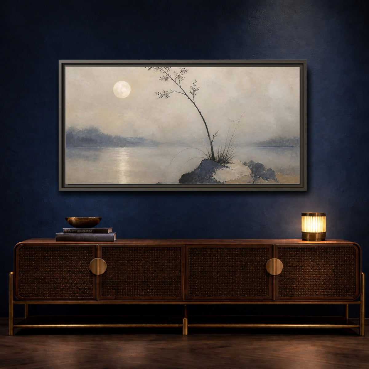Mockup 4. Wabi Sabi Moonlit Branch shown as framed canvas print