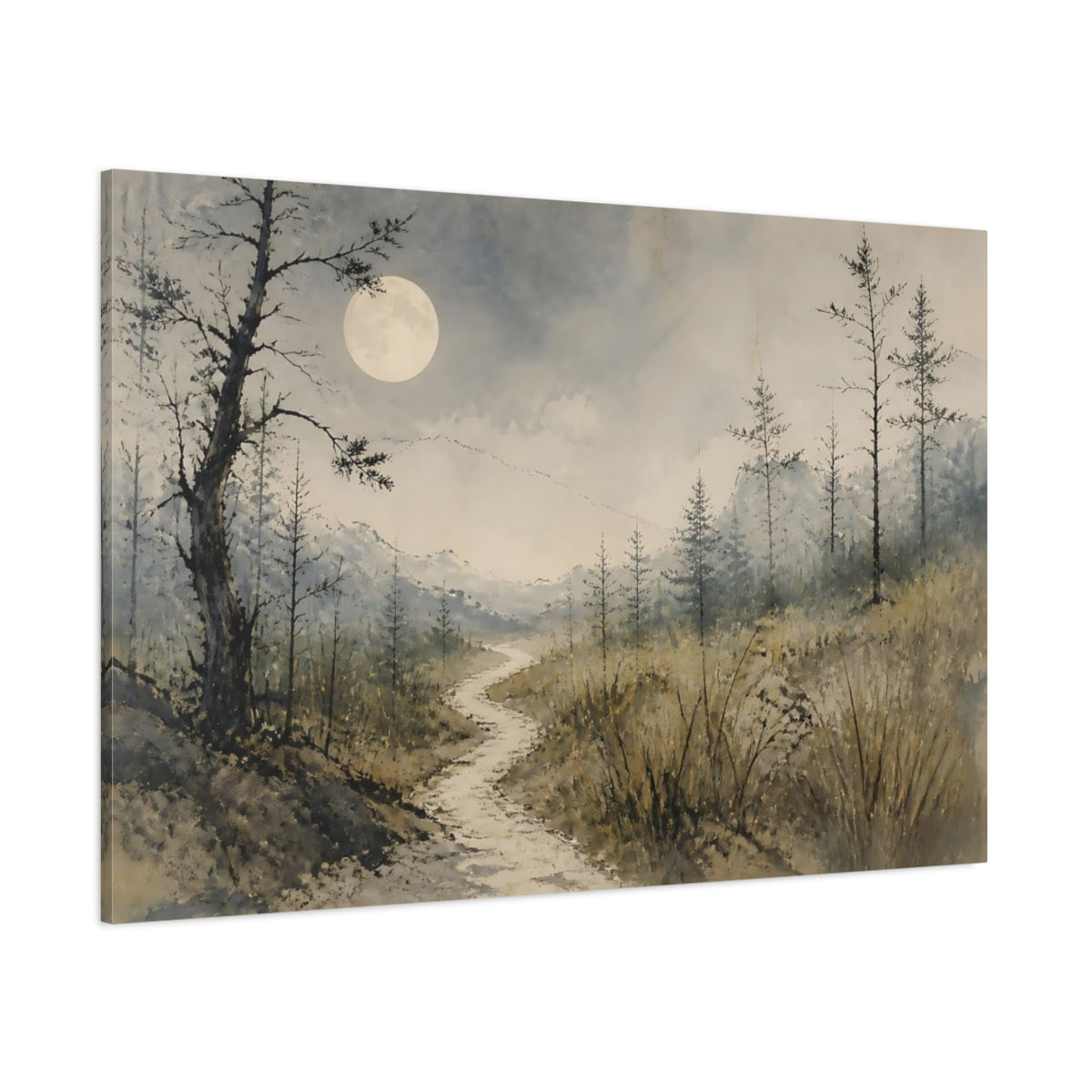 Side Mockup 1. Wabi Sabi Moonlit Path shown as canvas print