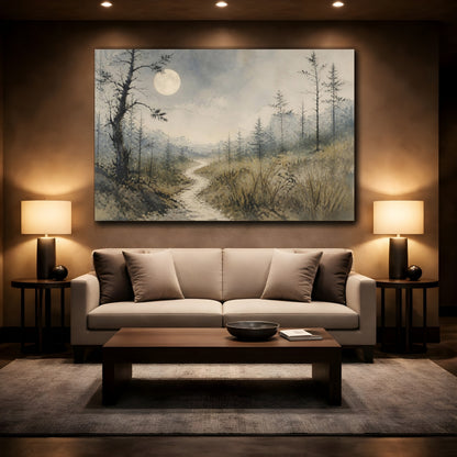 Mockup 2. Wabi Sabi Moonlit Path shown as canvas print