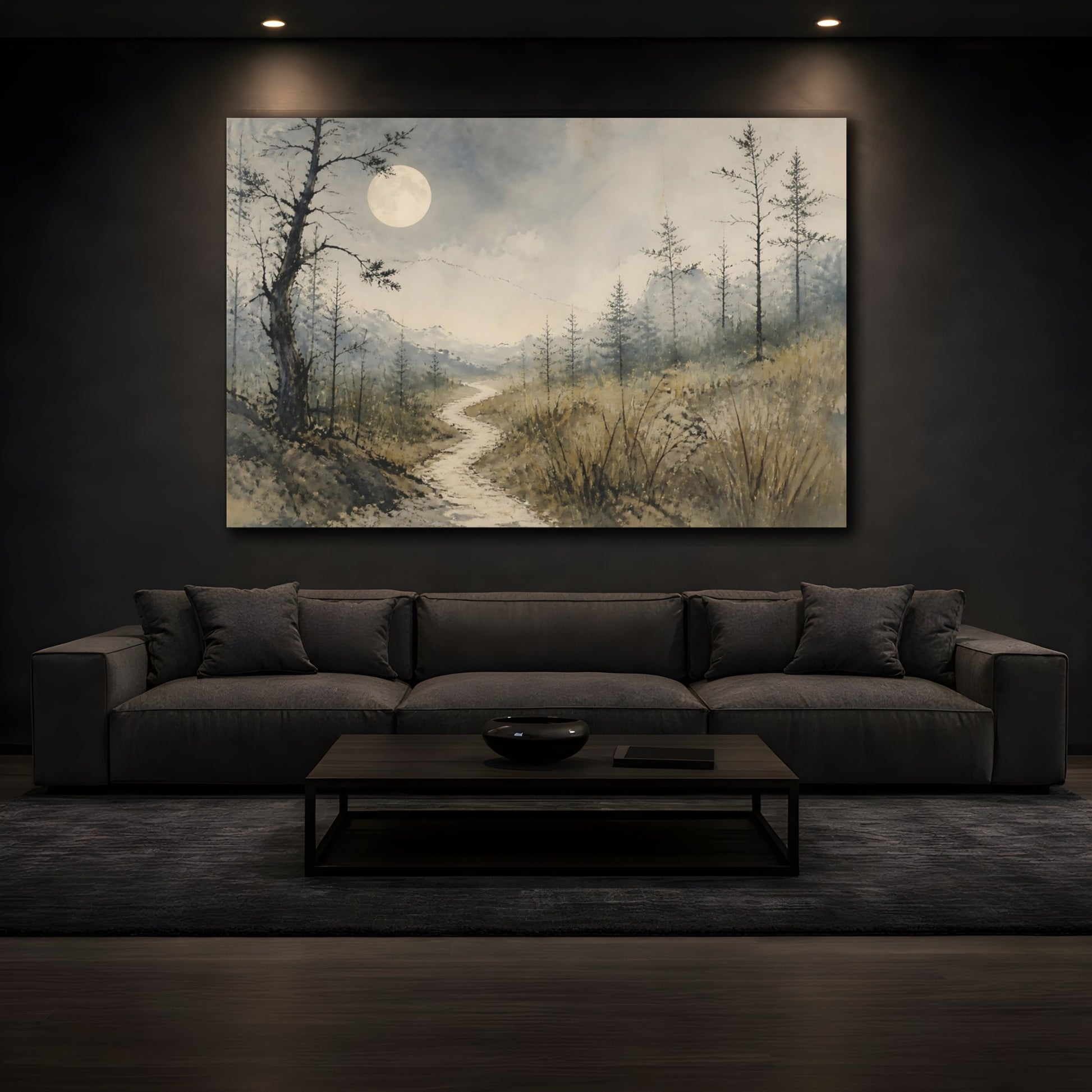 Mockup 3. Wabi Sabi Moonlit Path shown as canvas print