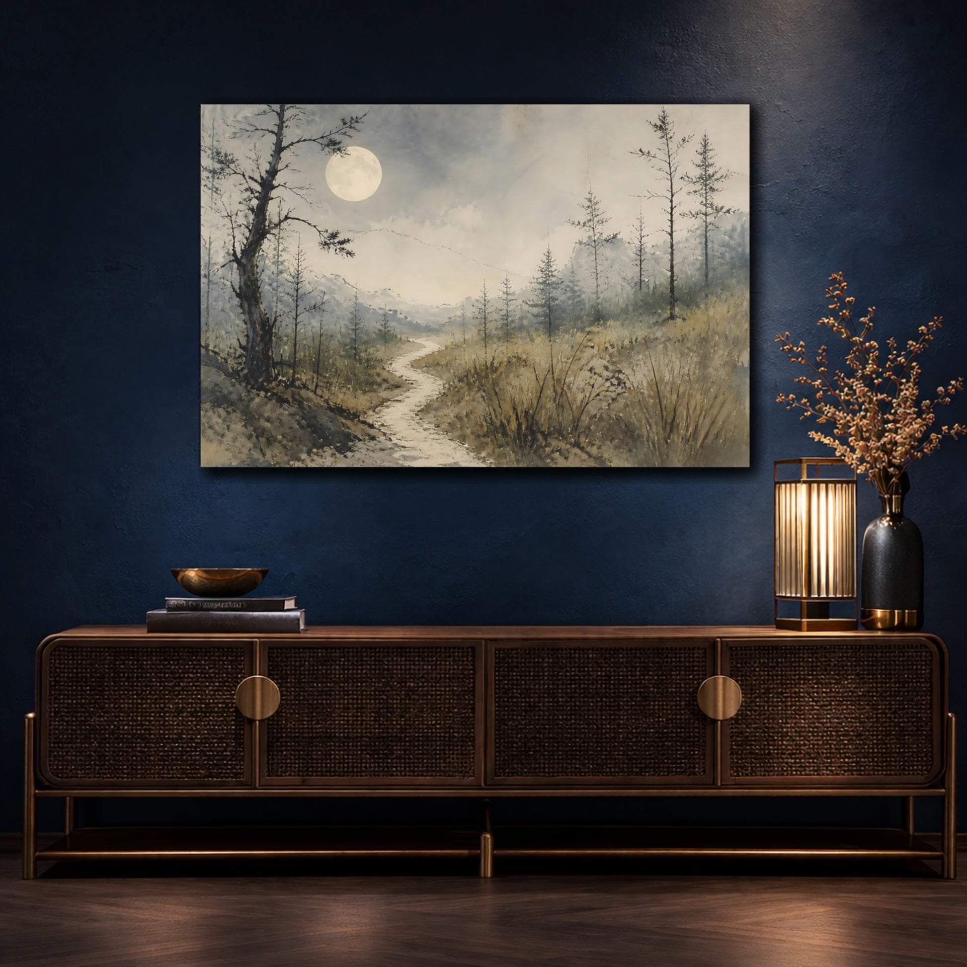 Mockup 4. Wabi Sabi Moonlit Path shown as canvas print