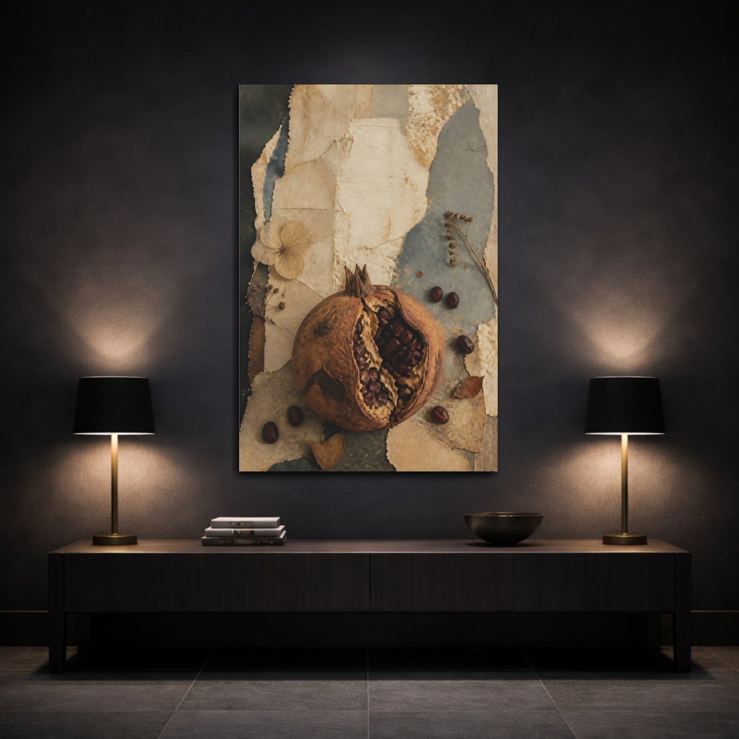 Mockup 3. Wabi Sabi Pomegranate Study shown as canvas print