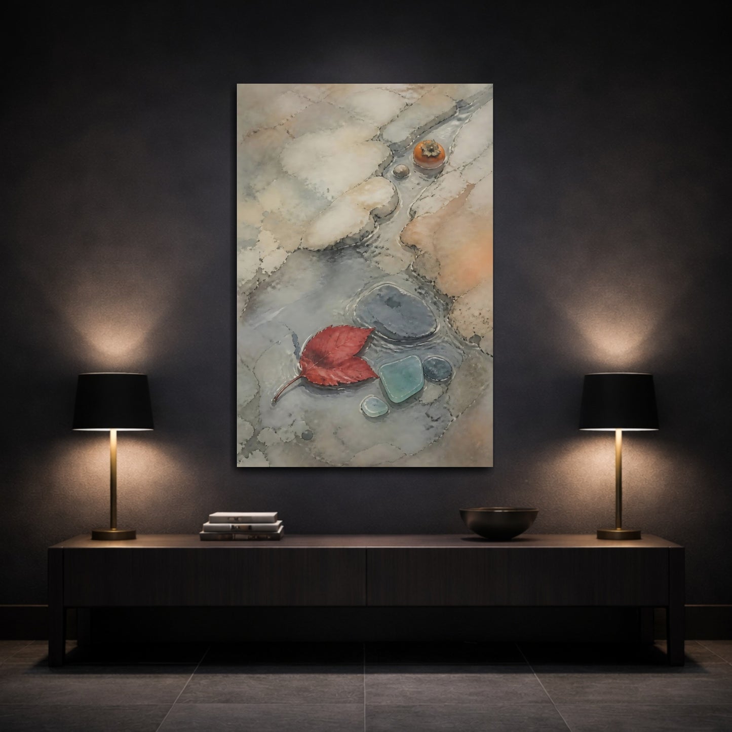 Mockup 3. Wabi Sabi Red Leaf shown as canvas print