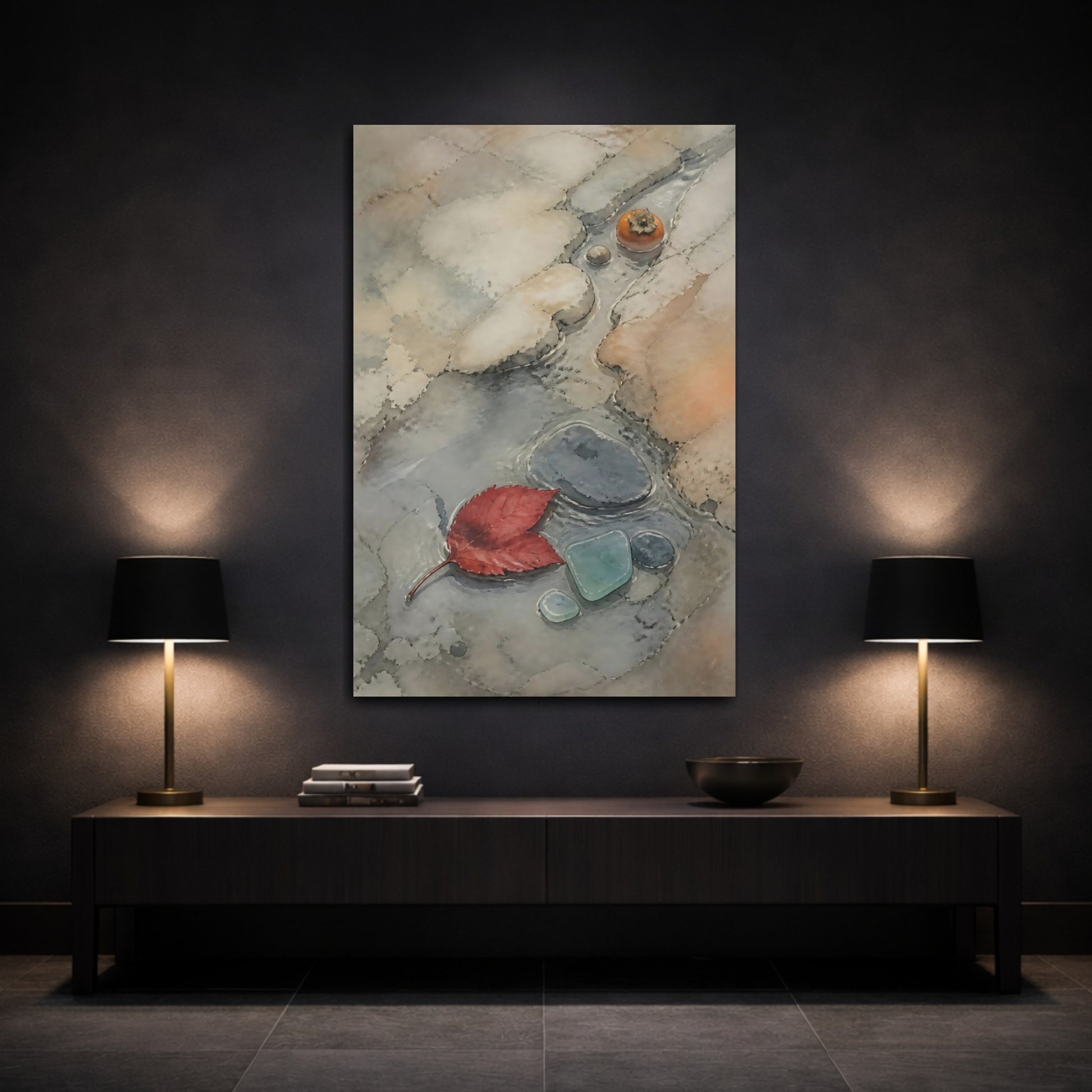Mockup 3. Wabi Sabi Red Leaf shown as canvas print