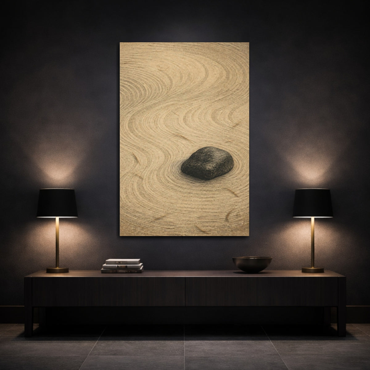 Mockup 3. Wabi Sabi Rock Garden shown as canvas print