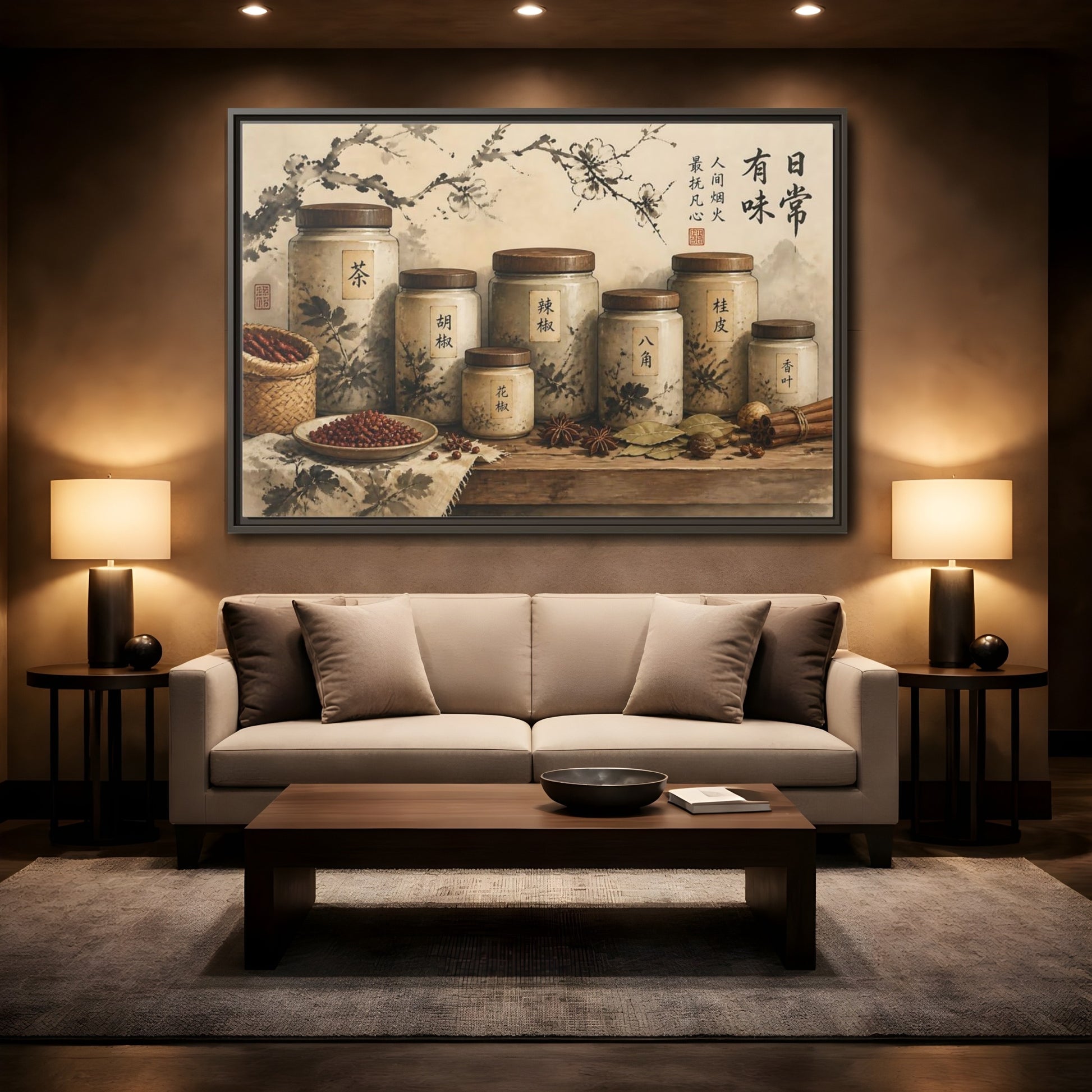 Mockup 2. Wabi-Sabi Spice Jars shown as framed canvas print