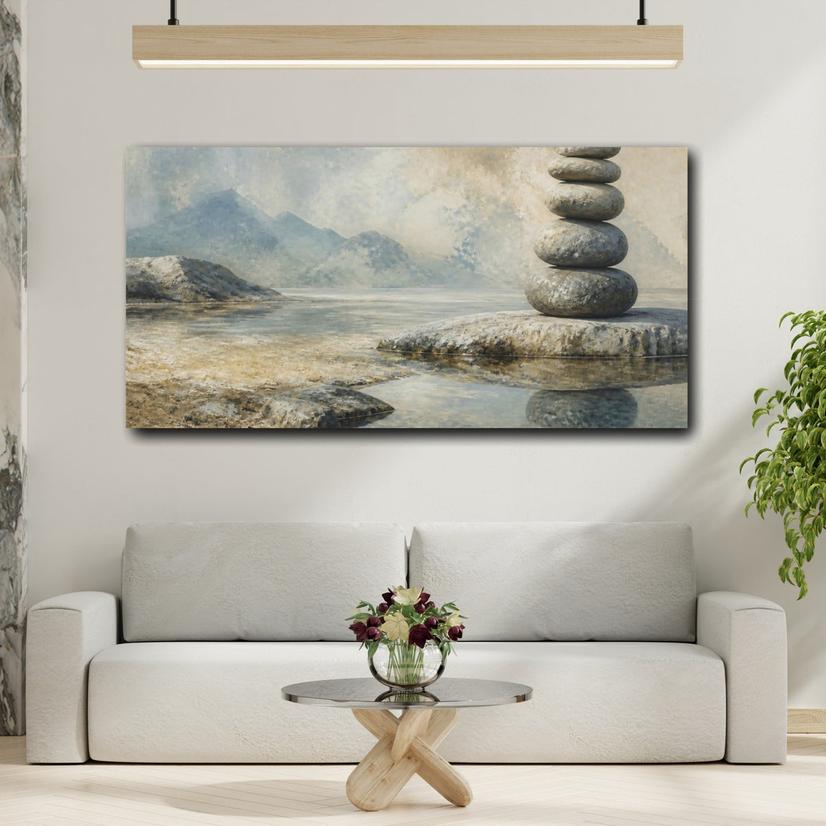 Mockup 2. Wabi Sabi Stacked Stones shown as canvas print