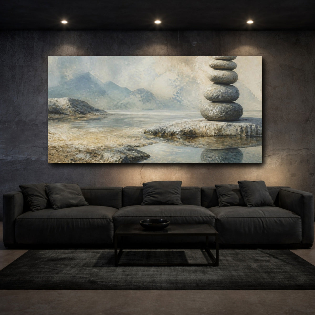 Mockup 3. Wabi Sabi Stacked Stones shown as canvas print
