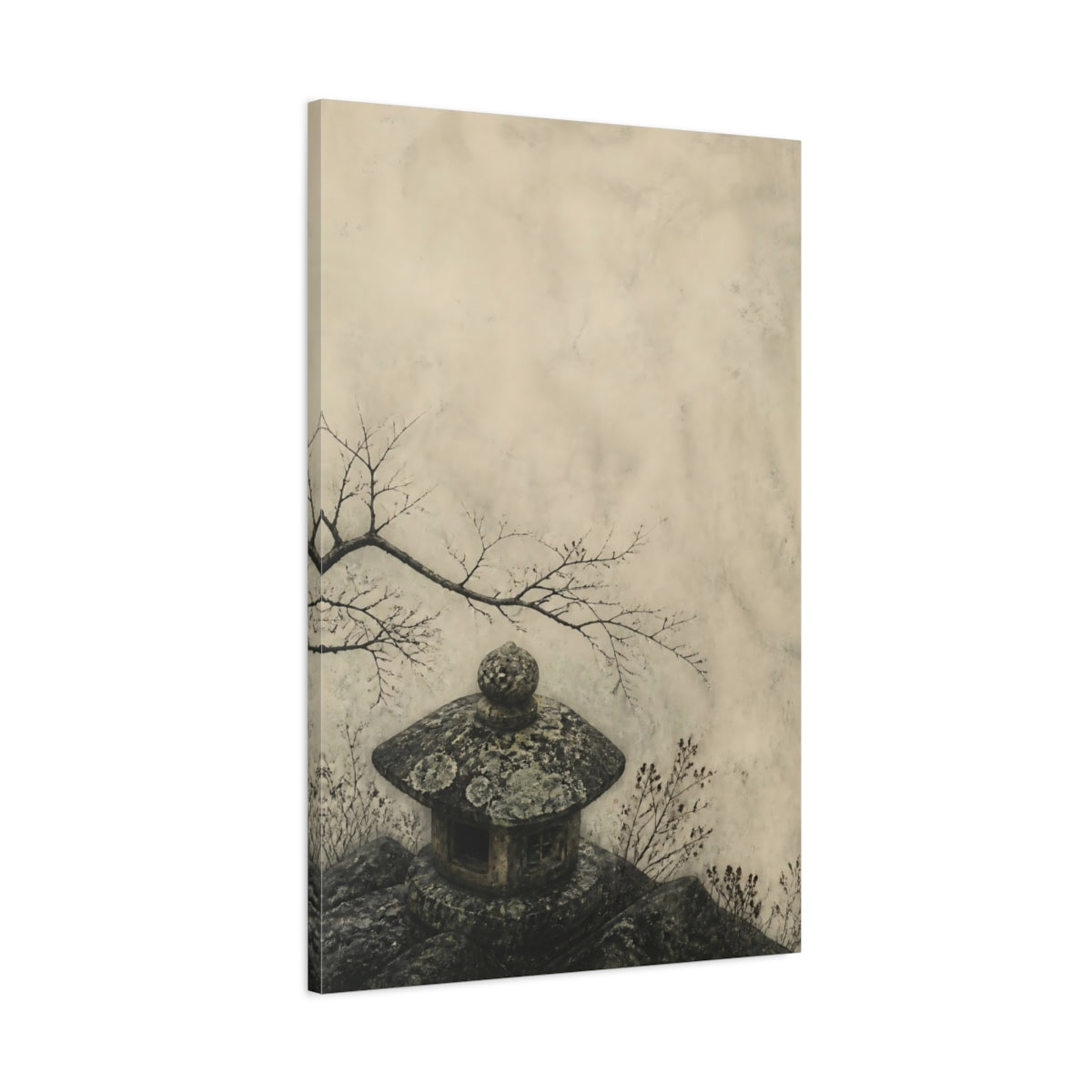 Main Mockup. Wabi Sabi Stone Lantern shown as canvas print