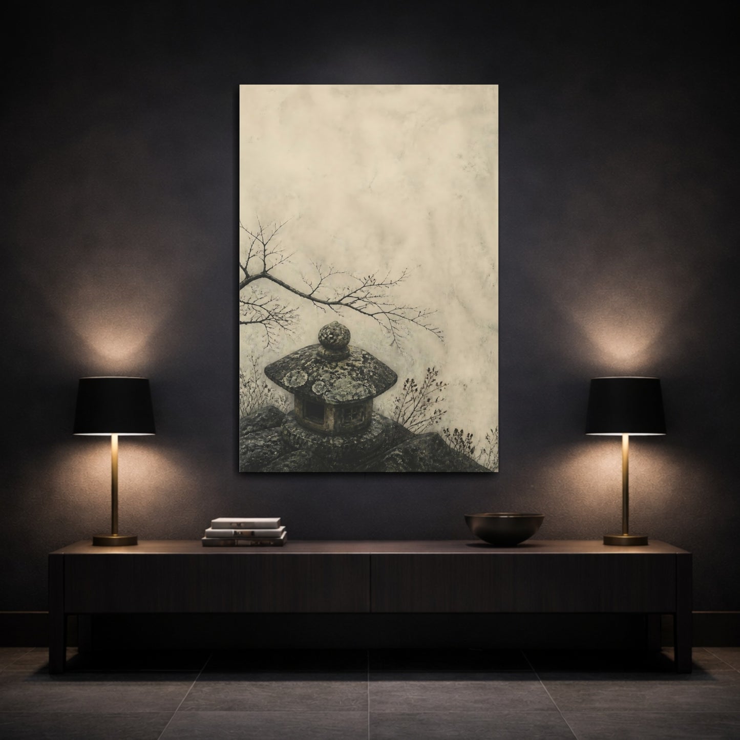 Mockup 3. Wabi Sabi Stone Lantern shown as canvas print