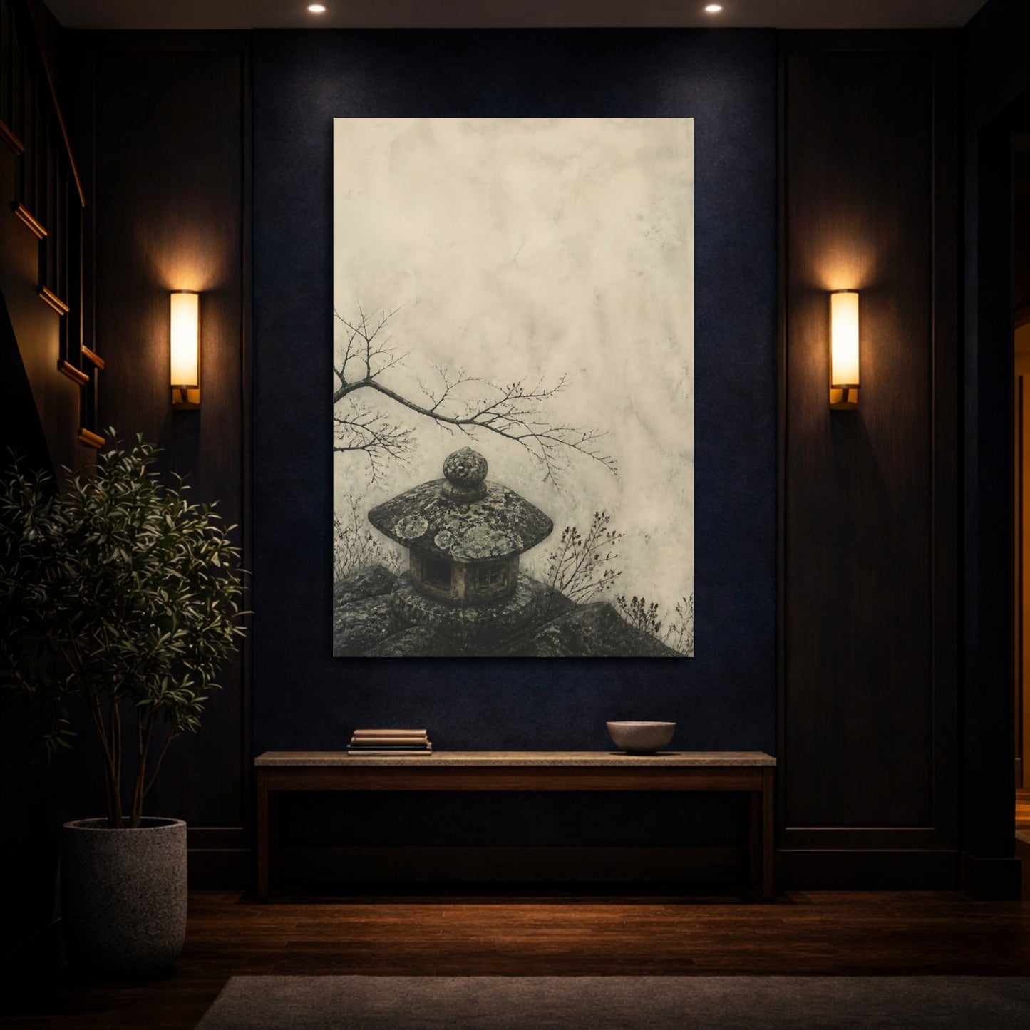 Mockup 4. Wabi Sabi Stone Lantern shown as canvas print