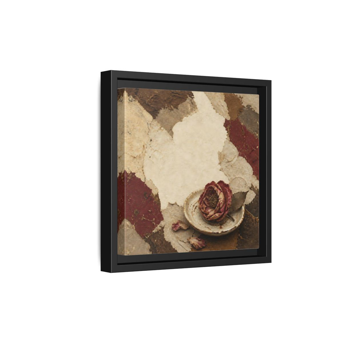 Side Mockup 21. Wabi Sabi Wilted Camellia shown as framed canvas print