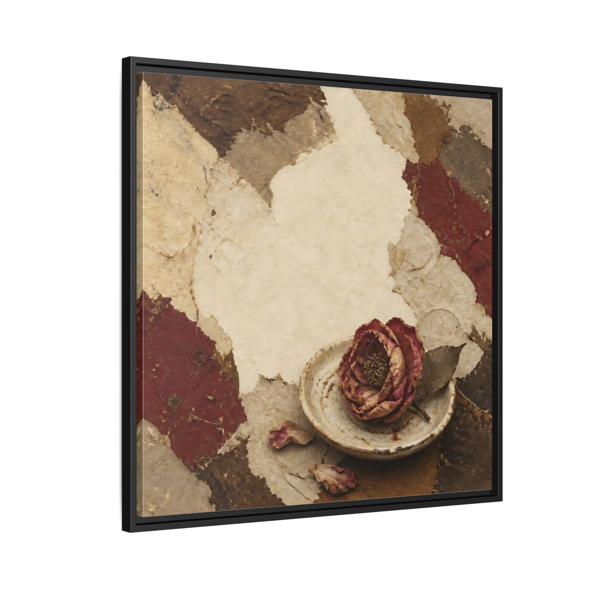 Side Mockup 9. Wabi Sabi Wilted Camellia shown as framed canvas print