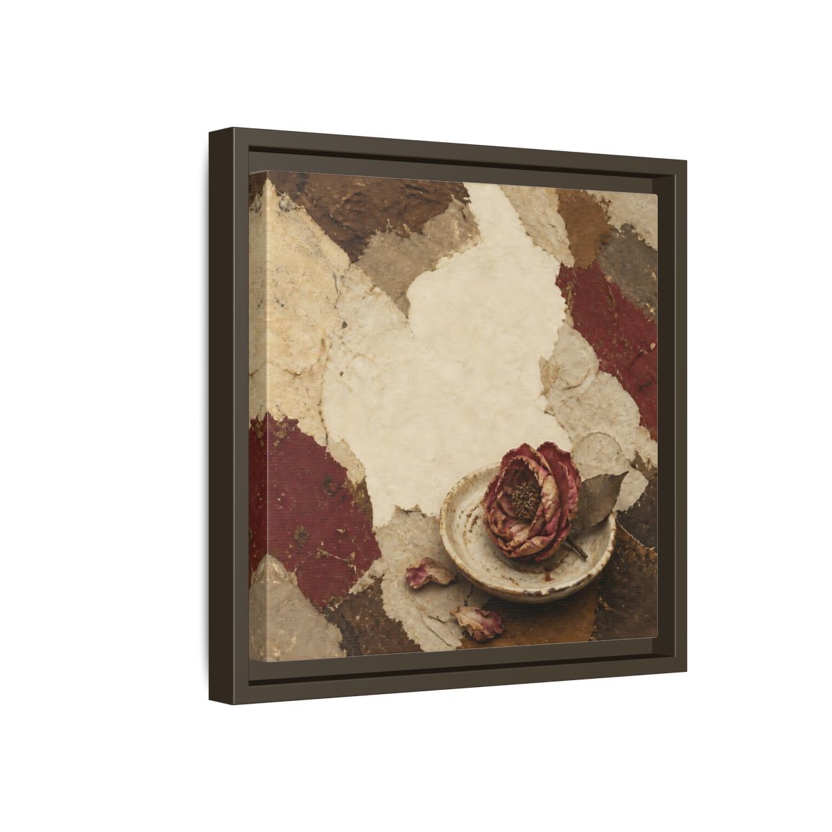 Side Mockup 17. Wabi Sabi Wilted Camellia shown as framed canvas print