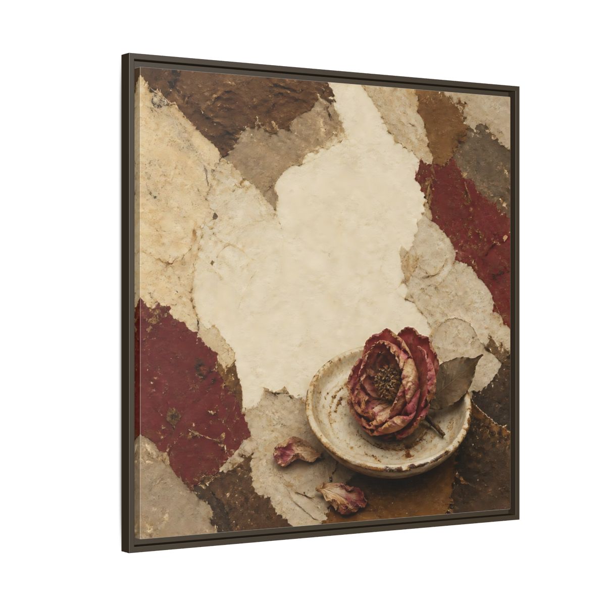 Side Mockup 5. Wabi Sabi Wilted Camellia shown as framed canvas print