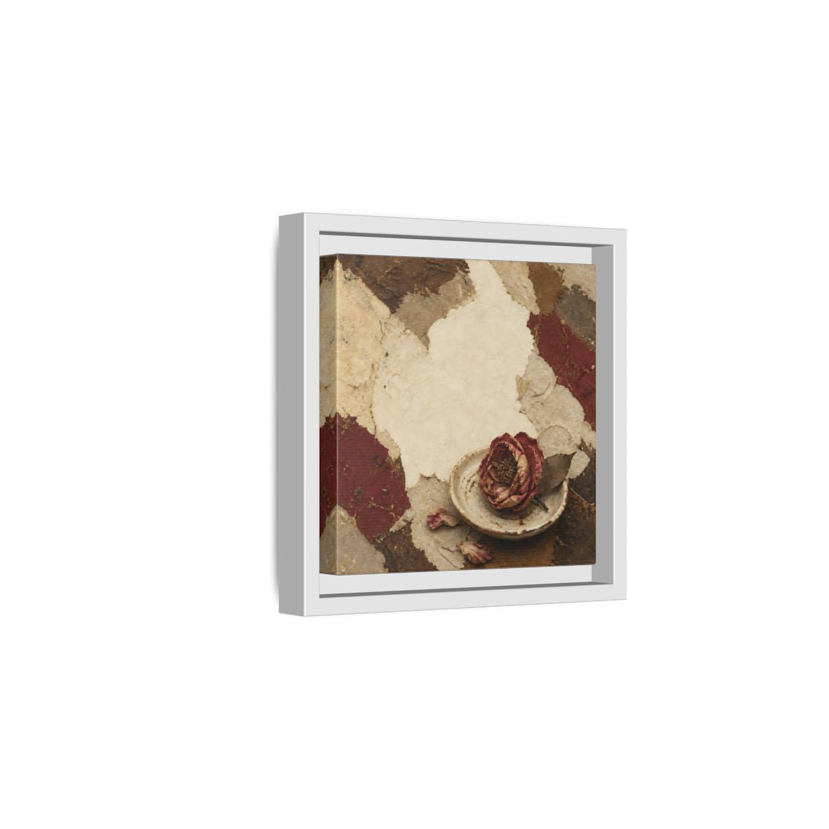 Side Mockup 1. Wabi Sabi Wilted Camellia shown as framed canvas print
