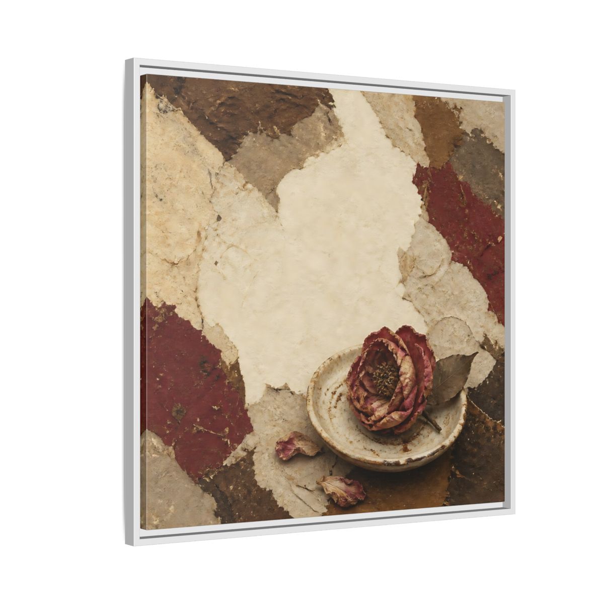 Side Mockup 7. Wabi Sabi Wilted Camellia shown as framed canvas print