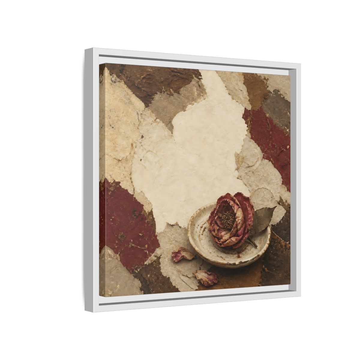 Side Mockup 13. Wabi Sabi Wilted Camellia shown as framed canvas print