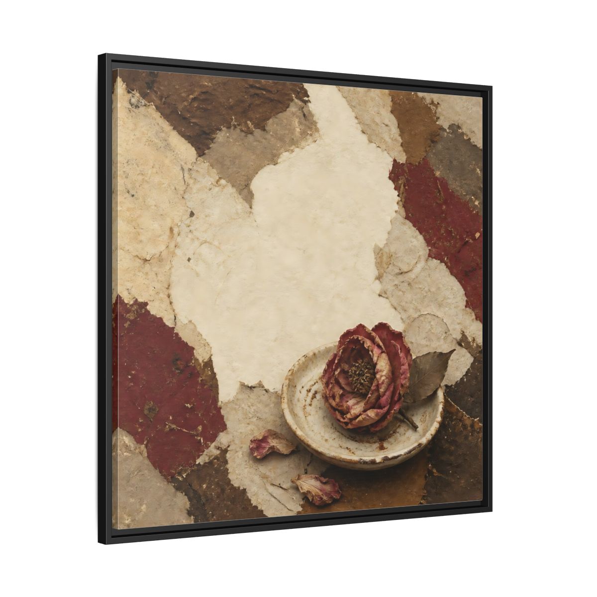 Side Mockup 30. Wabi Sabi Wilted Camellia shown as framed canvas print