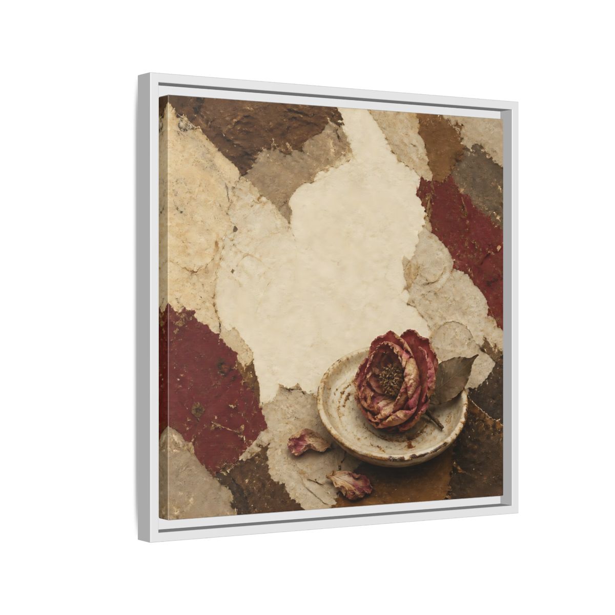 Side Mockup 10. Wabi Sabi Wilted Camellia shown as framed canvas print