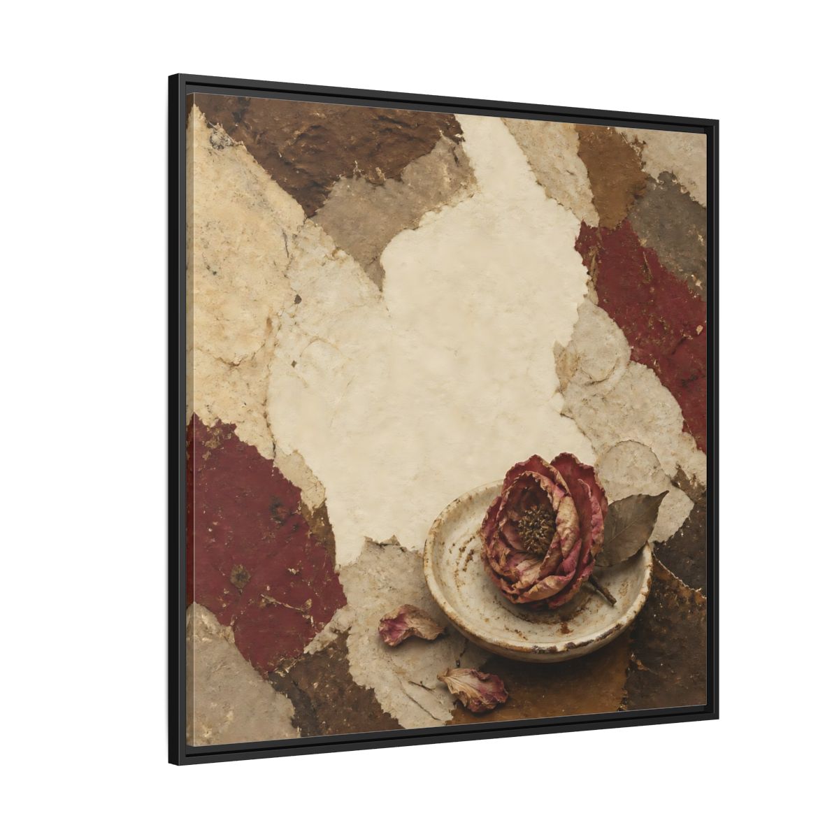 Side Mockup 6. Wabi Sabi Wilted Camellia shown as framed canvas print