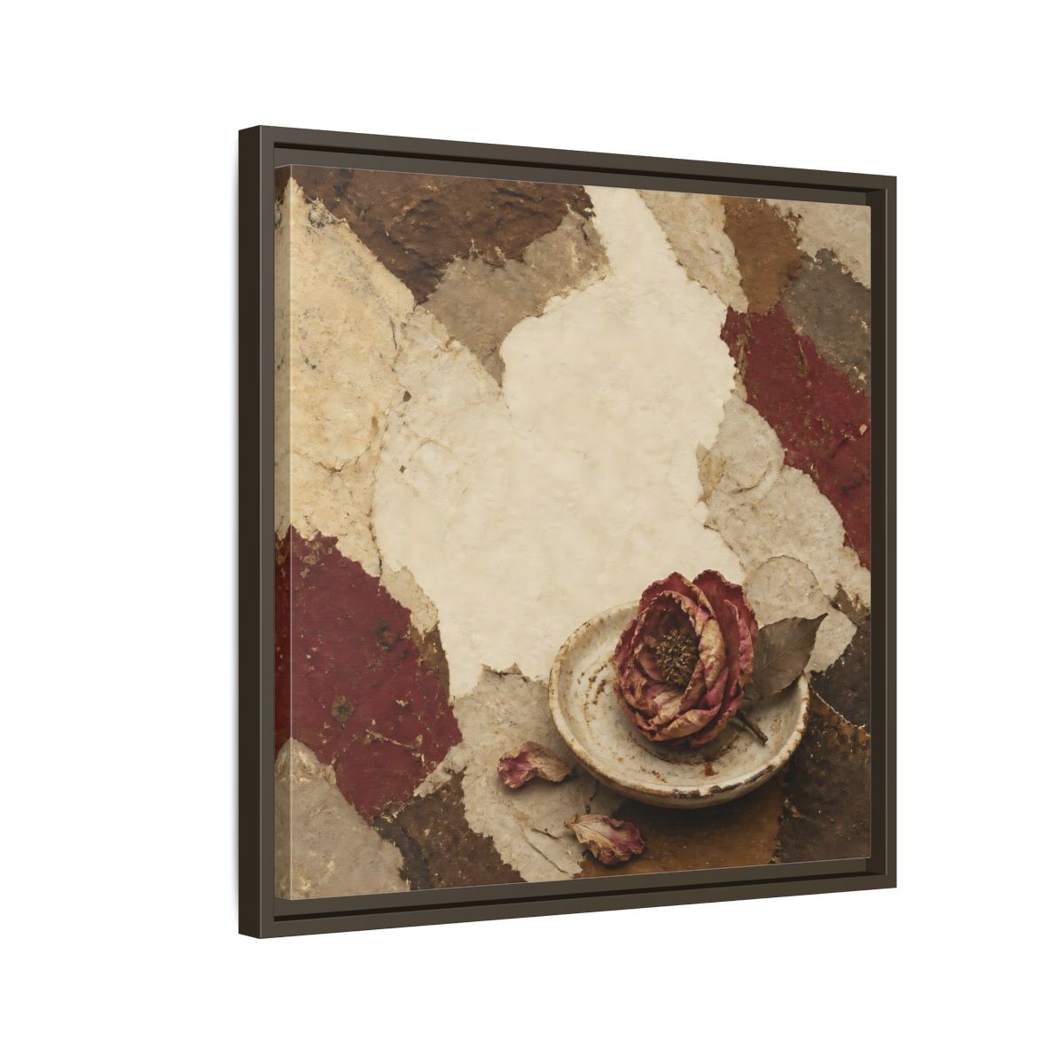 Side Mockup 11. Wabi Sabi Wilted Camellia shown as framed canvas print
