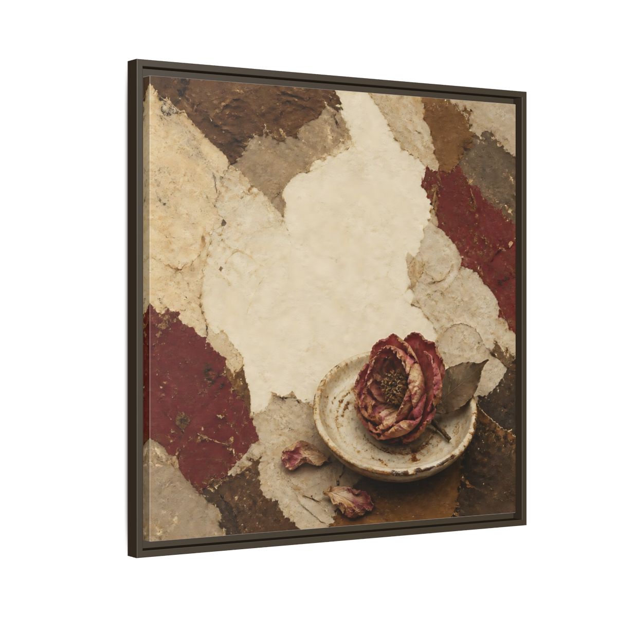 Side Mockup 8. Wabi Sabi Wilted Camellia shown as framed canvas print