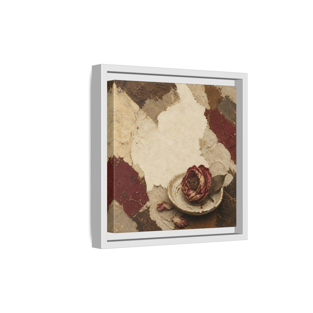 Side Mockup 19. Wabi Sabi Wilted Camellia shown as framed canvas print