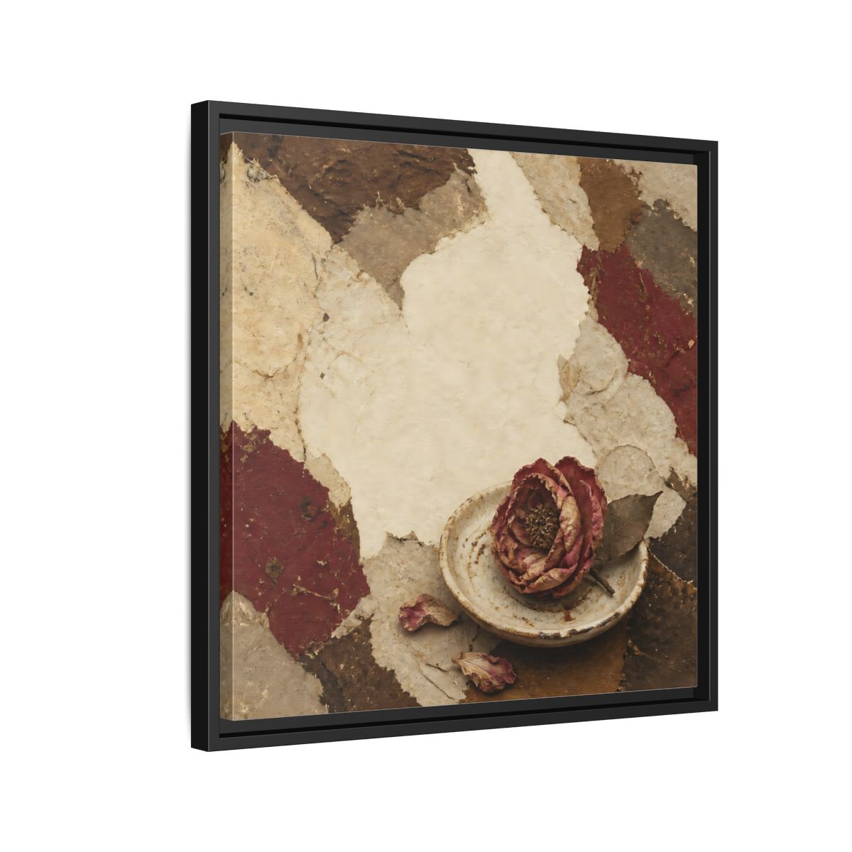 Side Mockup 12. Wabi Sabi Wilted Camellia shown as framed canvas print