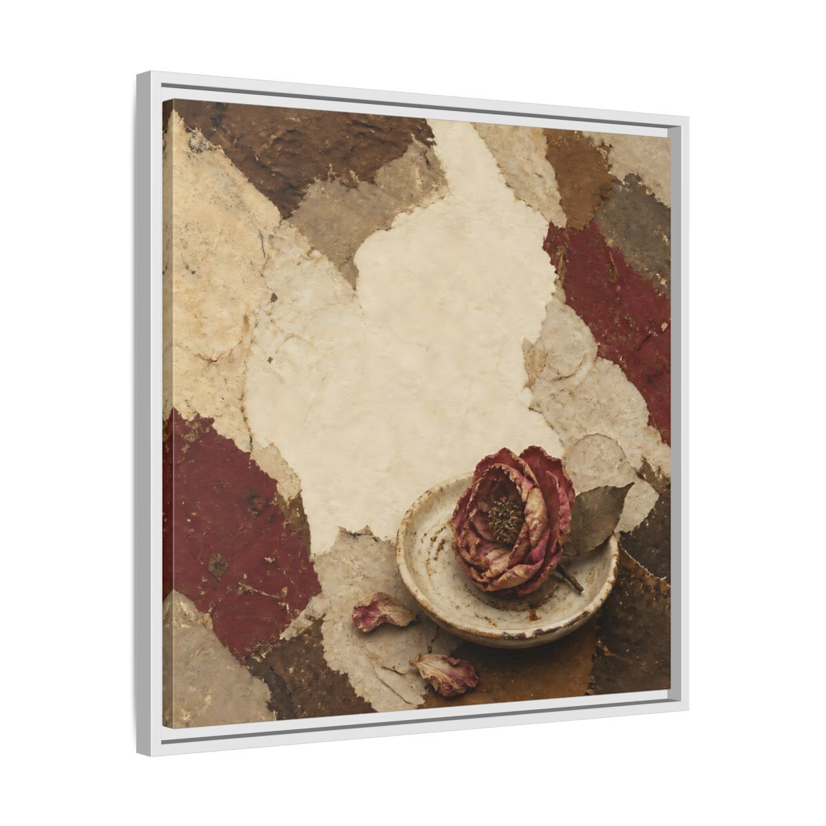 Side Mockup 26. Wabi Sabi Wilted Camellia shown as framed canvas print