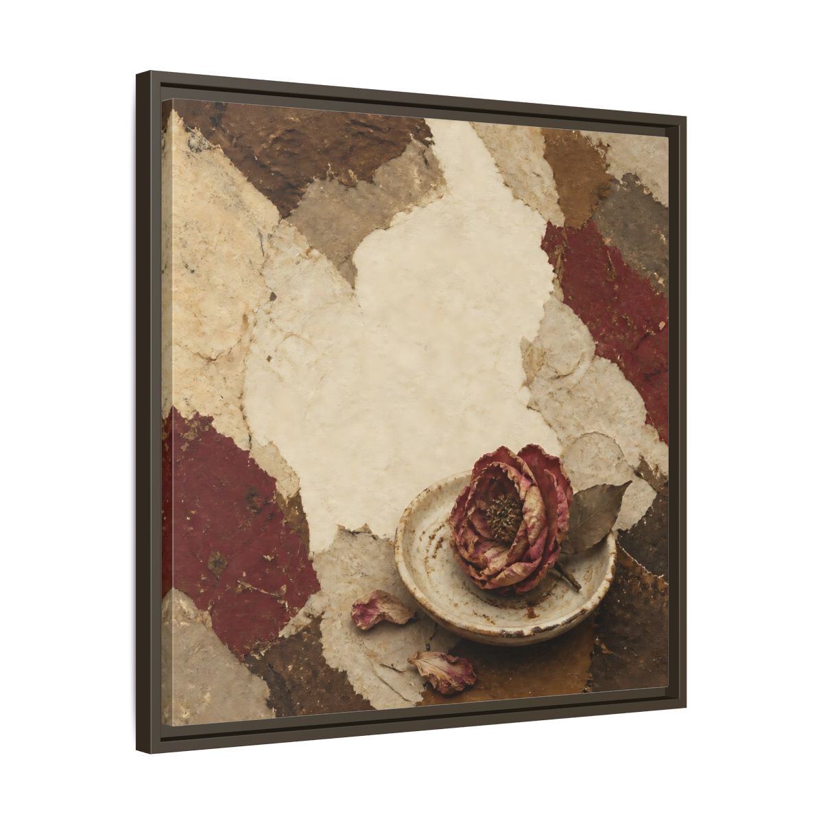 Side Mockup 27. Wabi Sabi Wilted Camellia shown as framed canvas print