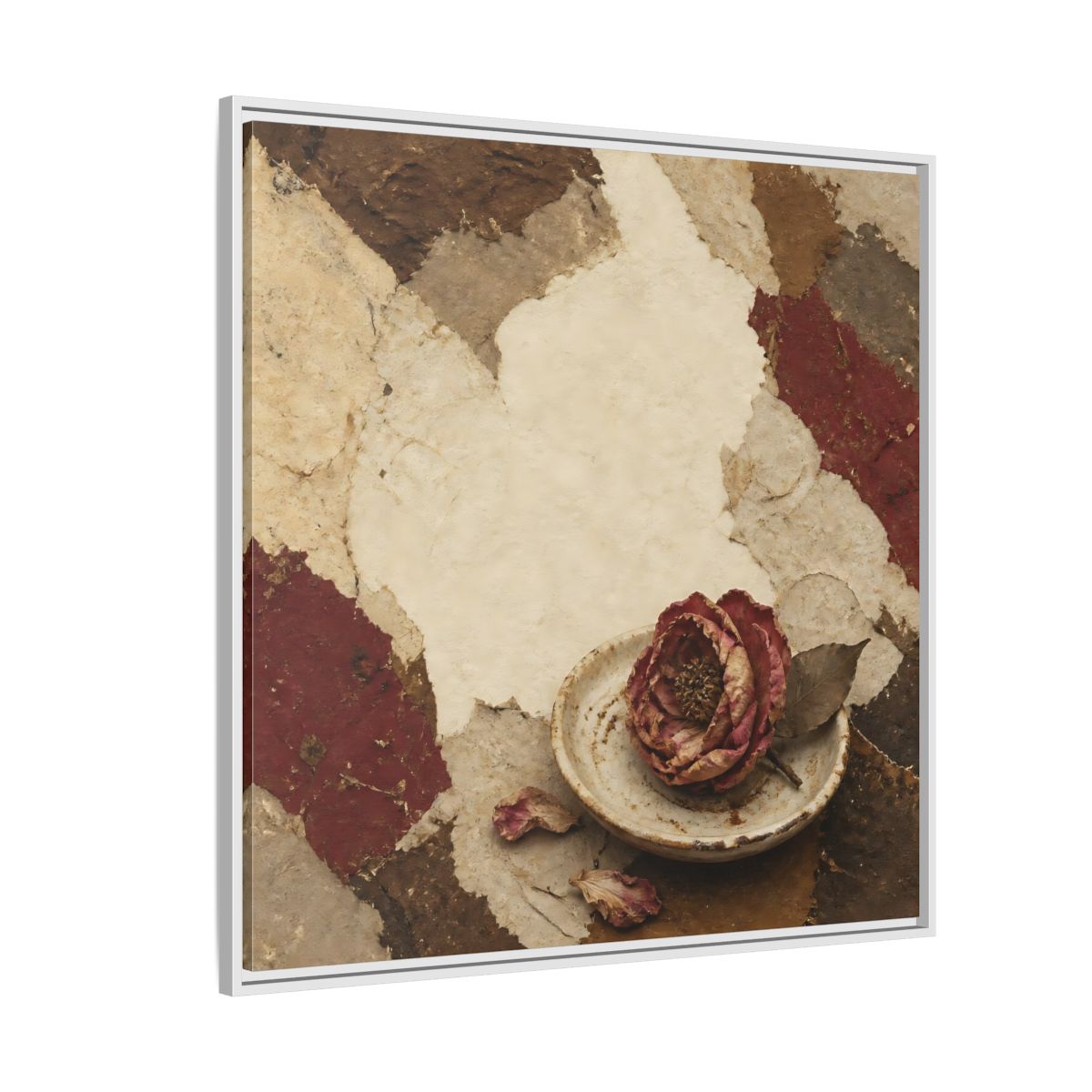 Side Mockup 4. Wabi Sabi Wilted Camellia shown as framed canvas print