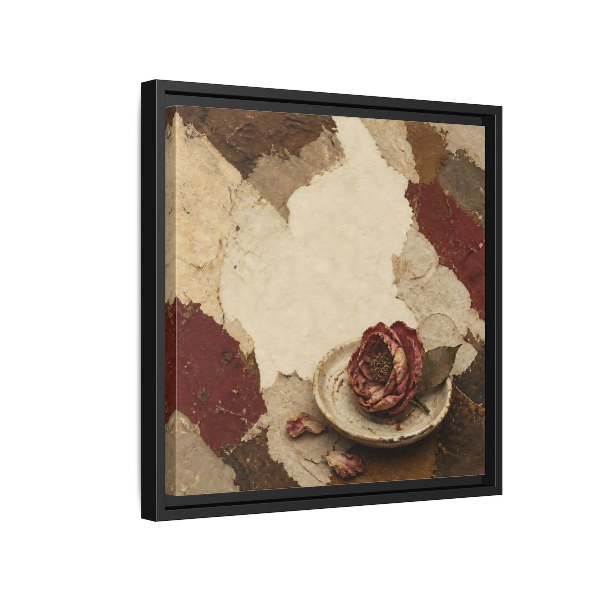 Side Mockup 15. Wabi Sabi Wilted Camellia shown as framed canvas print