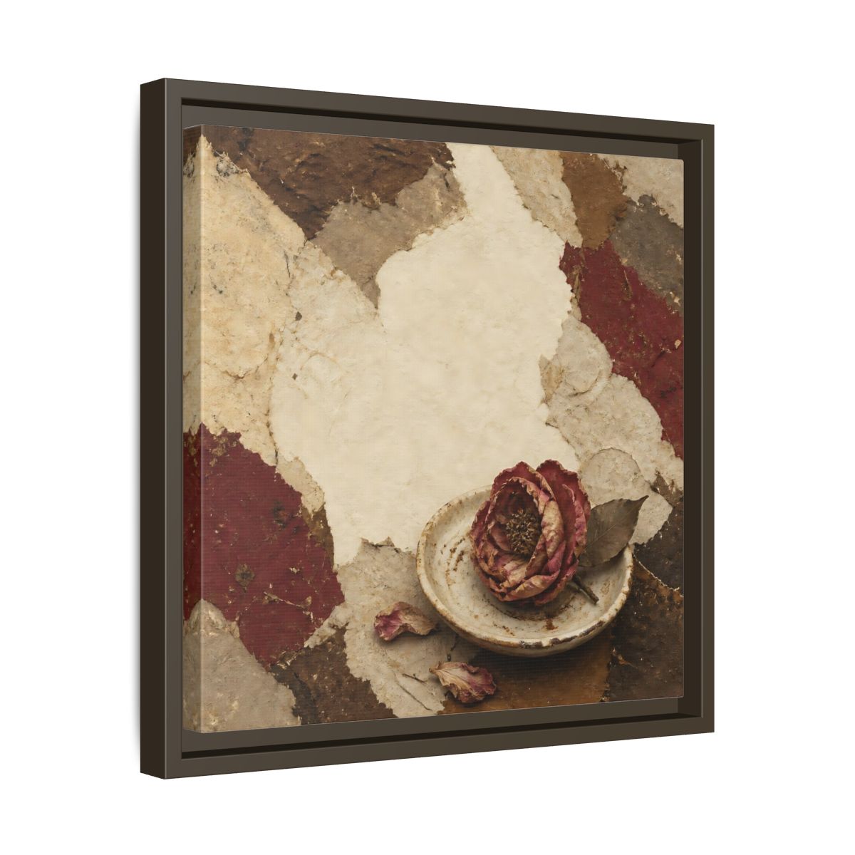 Side Mockup 29. Wabi Sabi Wilted Camellia shown as framed canvas print