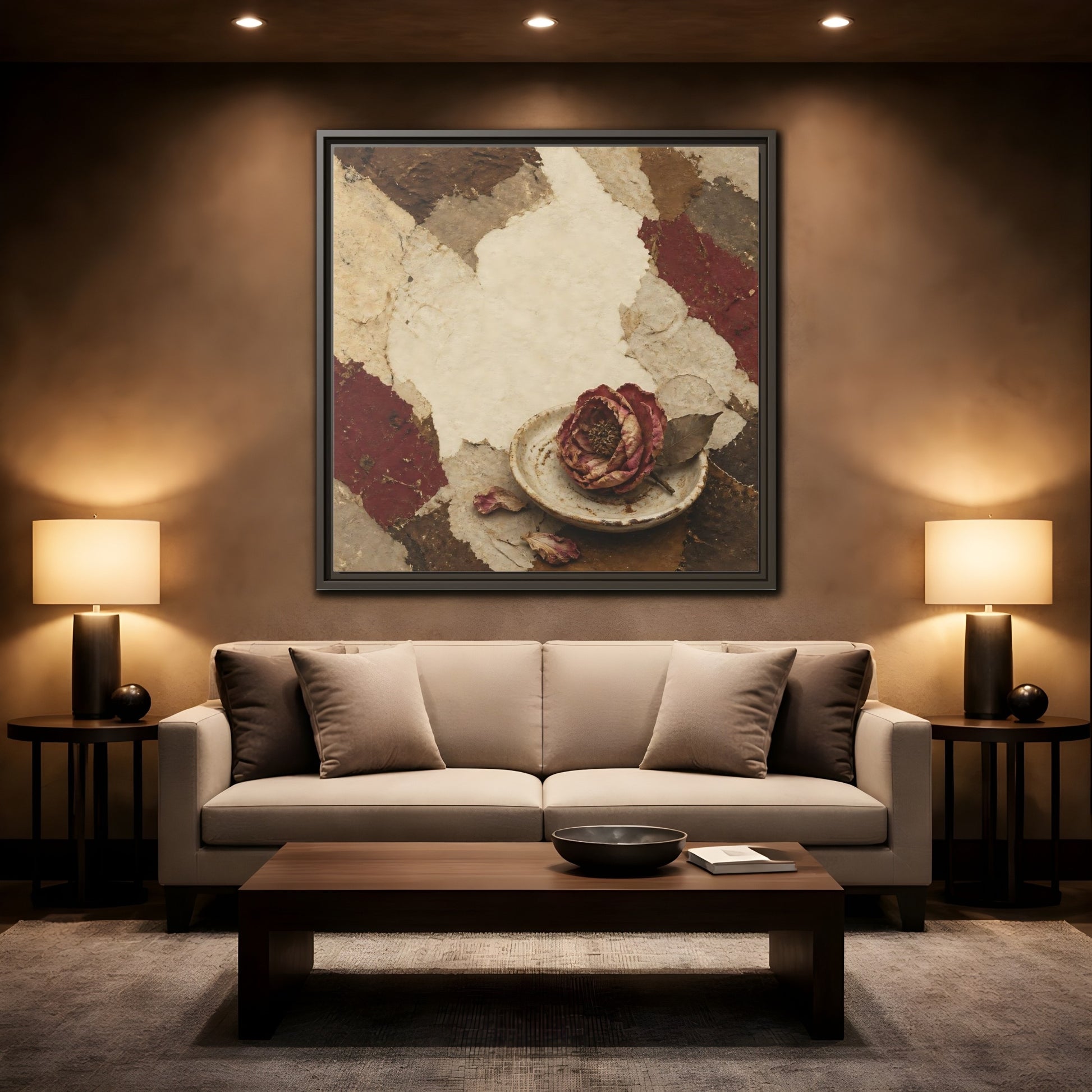 Mockup 2. Wabi Sabi Wilted Camellia shown as framed canvas print