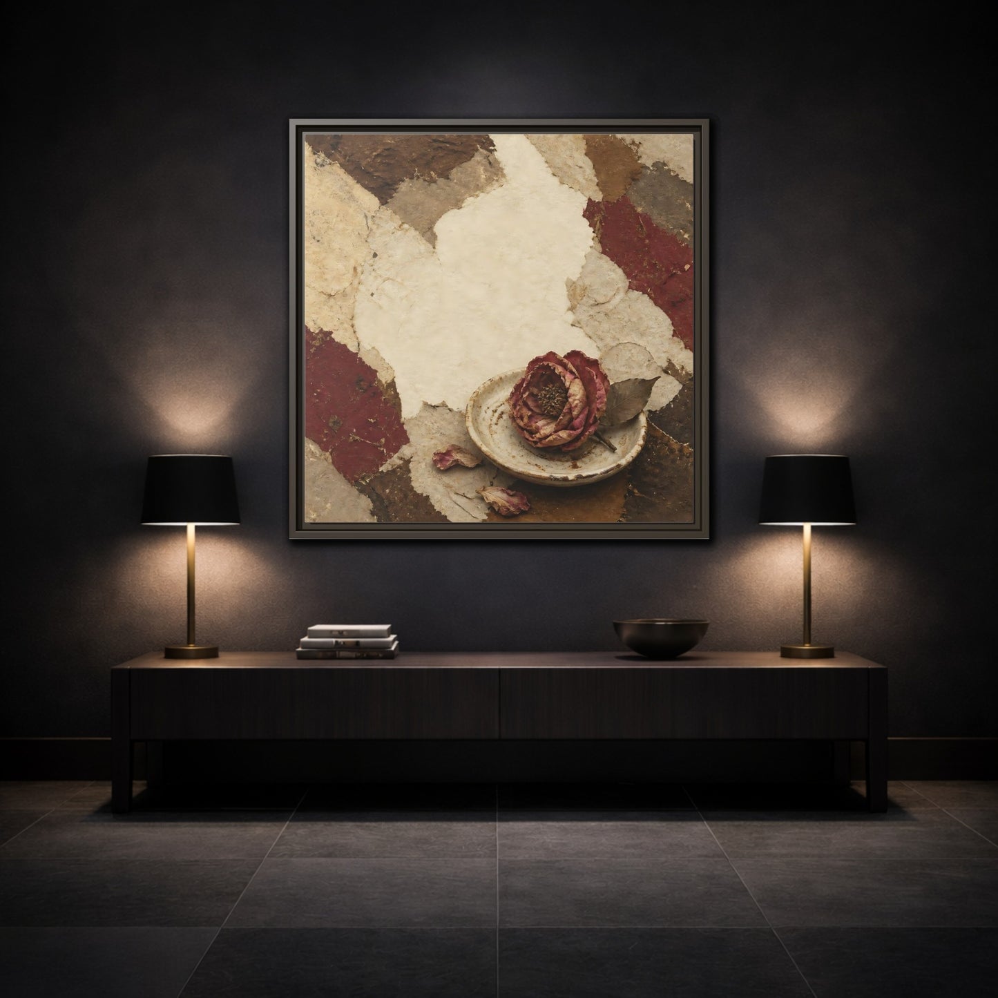 Mockup 3. Wabi Sabi Wilted Camellia shown as framed canvas print