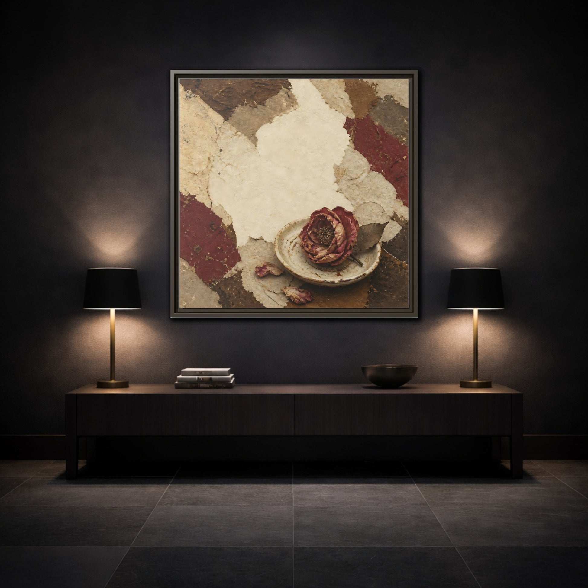 Mockup 3. Wabi Sabi Wilted Camellia shown as framed canvas print