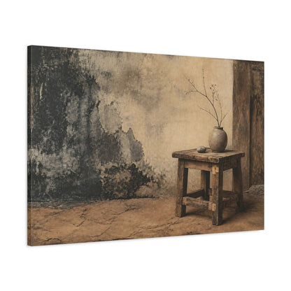 Main Mockup. Wabi-Sabi Wooden Stool shown as canvas print