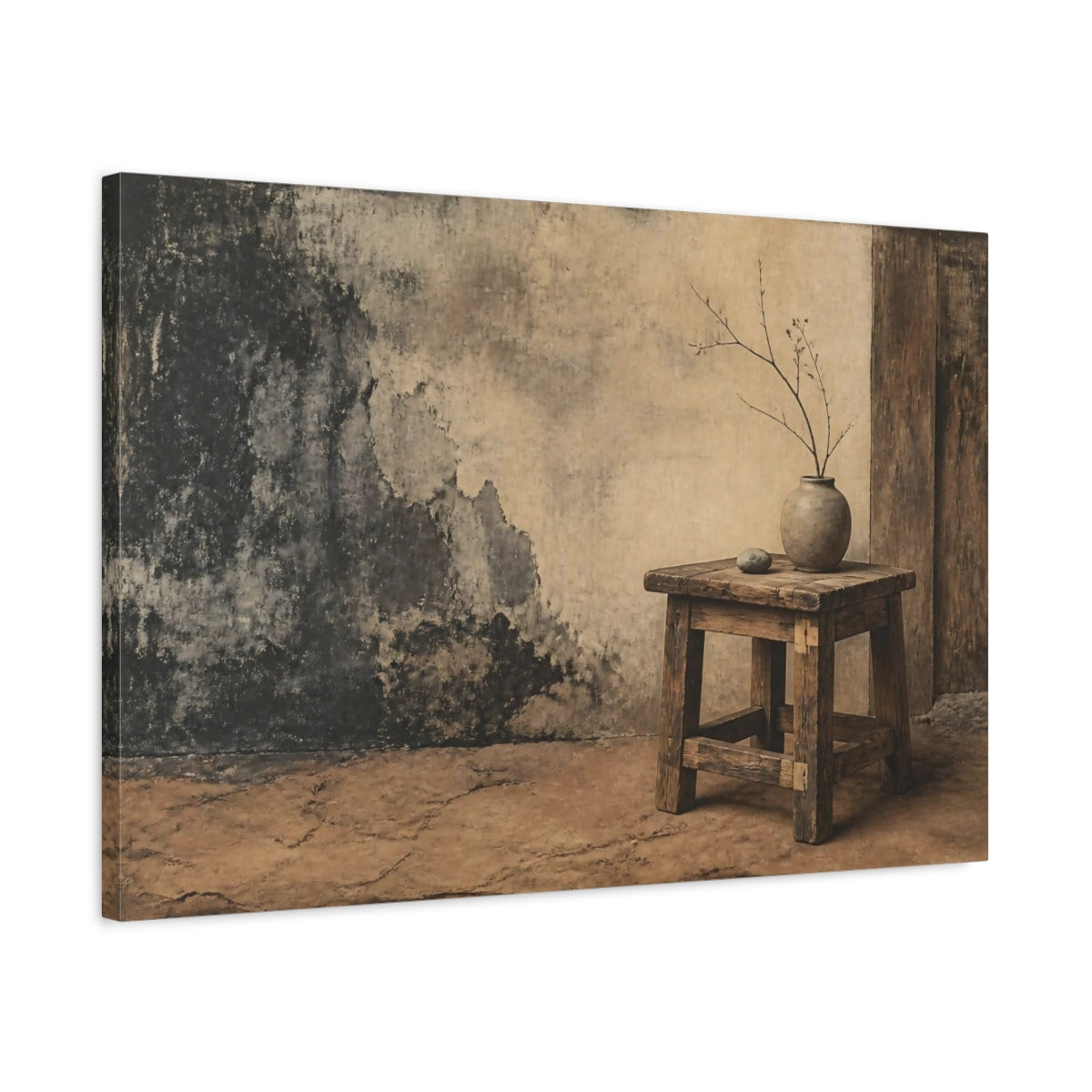 Side Mockup 2. Wabi-Sabi Wooden Stool shown as canvas print