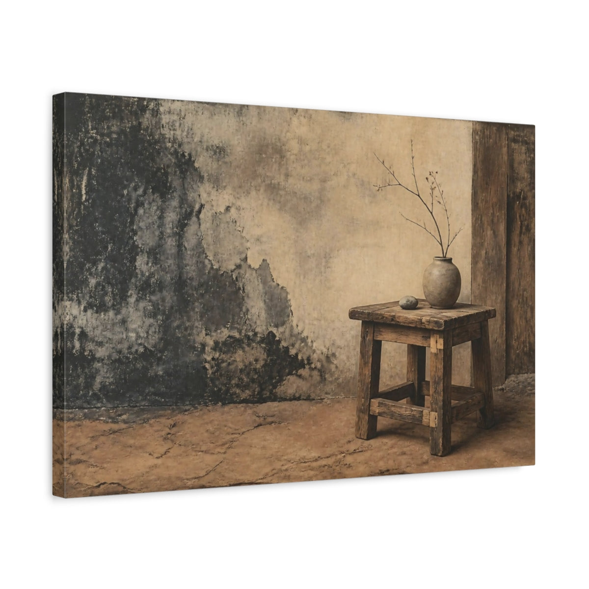 Side Mockup 3. Wabi-Sabi Wooden Stool shown as canvas print
