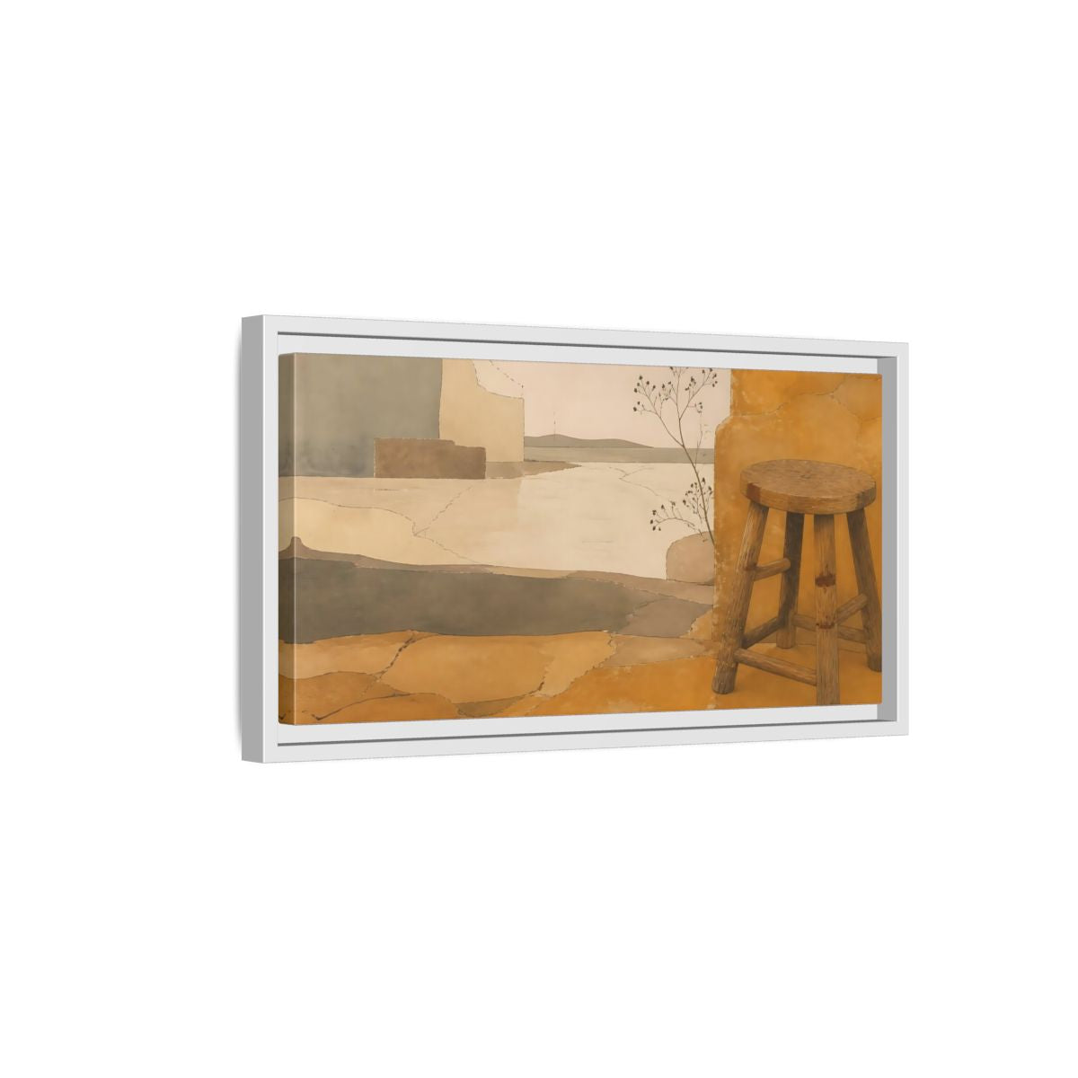 Side Mockup 6. Wabi-Sabi Wooden Stool shown as framed canvas print